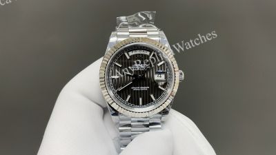 8+ Factory Rolex Daydate 40mm Fluted Bezel 3255 Movement White/Black Stripe Face Watch